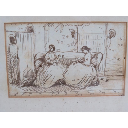 595 - British School (19th century) - Three ink sketches in two frames, depicting an expedition, interior ... 