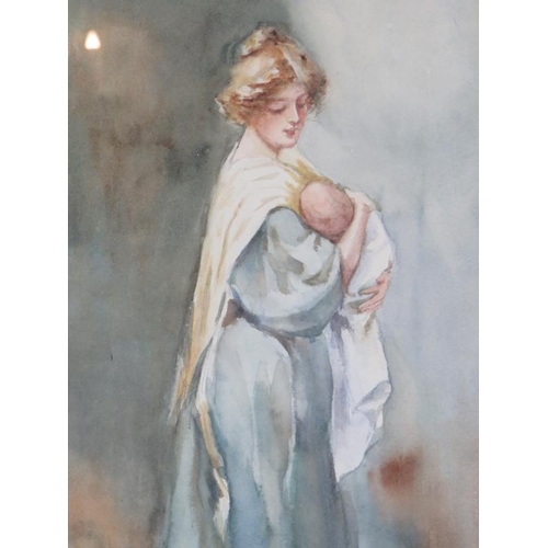 601 - Frederick M. Evans (1859-1929) - 'Mother and infant', watercolour, signed, 39cm x 21cm, framed.
Cond... 