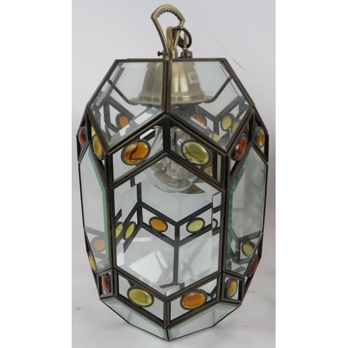 61 - A pair of hexagonal Arts and Crafts style modern ceiling lanterns with bevelled glass and amber bead... 