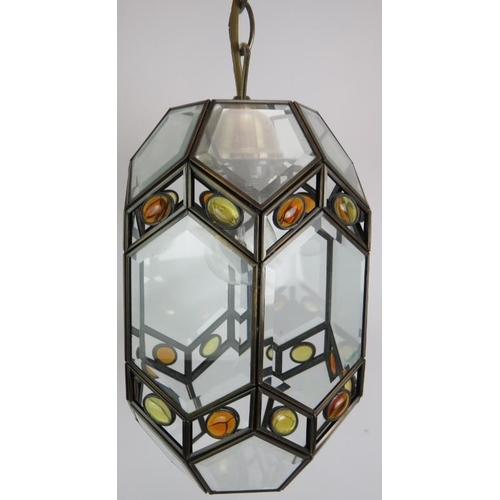 61 - A pair of hexagonal Arts and Crafts style modern ceiling lanterns with bevelled glass and amber bead... 