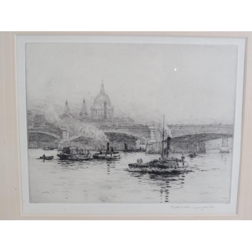 622 - Rowland Langmaid (1897-1956) - 'Thames Scene with Shipping', pencil signed etching, 19cm x 24cm, fra... 