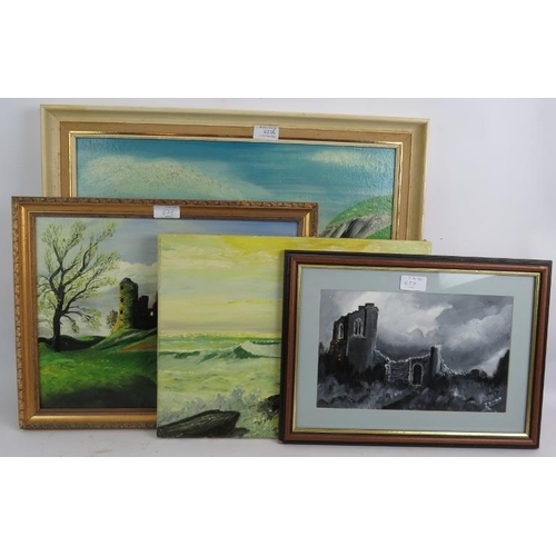 627 - J. Dowd (20th century) - Four various oil paintings, three framed. 
Condition report: No major issue... 