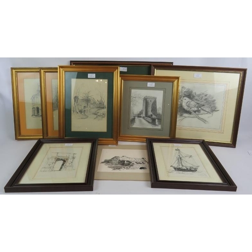 628 - J. Dowd (20th century) - Three various ink sketches and six various pencil sketches, 8 framed, (9).
... 