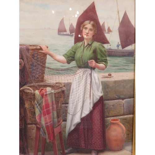 631 - Ralph Todd (British, 1856-1932) - 'Fishermans wife on the quey side with nets and baskets, boats in ... 