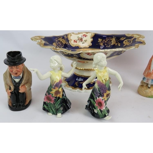 69 - A large hand decorated continental porcelain bowl on stand, an Austrian vase, four figurines, two ol... 