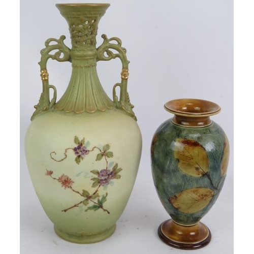 73 - An early 20th century Royal Doulton stoneware leaf vase, height 19cm, and a hand decorated Austrian ... 