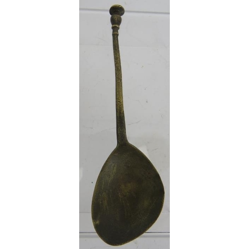 8 - A post Medieval cast brass latten spoon with seal top terminal and possible maker's mark to bowl. Be... 