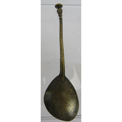 8 - A post Medieval cast brass latten spoon with seal top terminal and possible maker's mark to bowl. Be... 