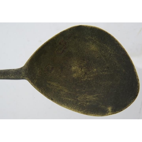 8 - A post Medieval cast brass latten spoon with seal top terminal and possible maker's mark to bowl. Be... 