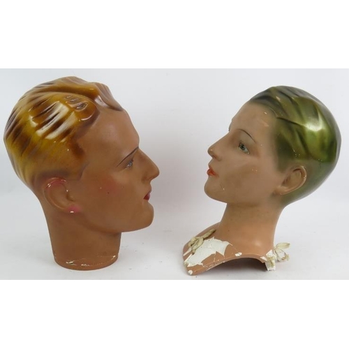 90 - Two vintage plaster mannequin heads c1950's. male head stamped Fabry 506, female head has glass eyes... 