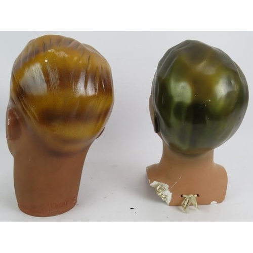 90 - Two vintage plaster mannequin heads c1950's. male head stamped Fabry 506, female head has glass eyes... 