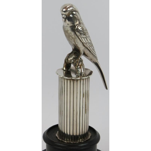 92 - A silver plated car mascot in the form of a Budgerigar perched on a column, circa 1920s, mounted on ... 