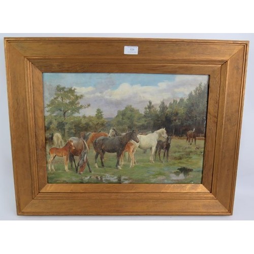 535 - Frances Mabel Hollmans (1877-1963) - 'Horses and foals in a field', oil on board, signed, old label ... 