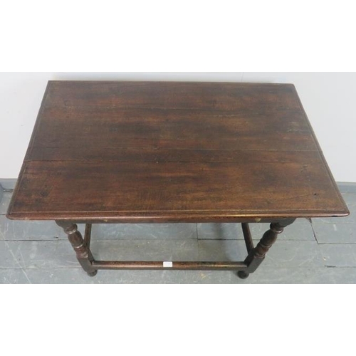 715 - A late 17th century oak side table in unrestored condition, with single drawer featuring original br... 