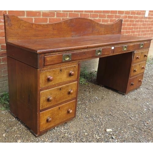 731 - A large 19th century mahogany pedestal sideboard/desk, the top with two long drawers fitted with twi... 