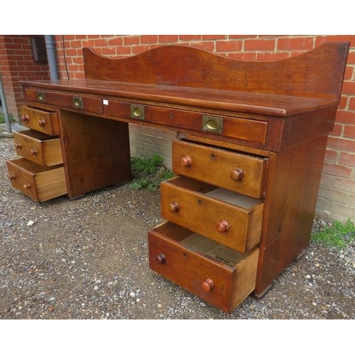 731 - A large 19th century mahogany pedestal sideboard/desk, the top with two long drawers fitted with twi... 