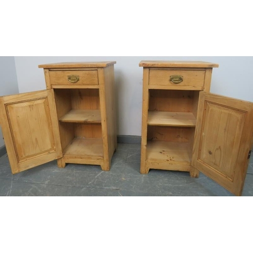 736 - A pair of antique stripped pine bedside cabinets, each with single drawer and cupboard under with lo... 