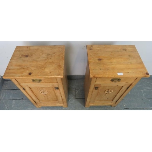 736 - A pair of antique stripped pine bedside cabinets, each with single drawer and cupboard under with lo... 