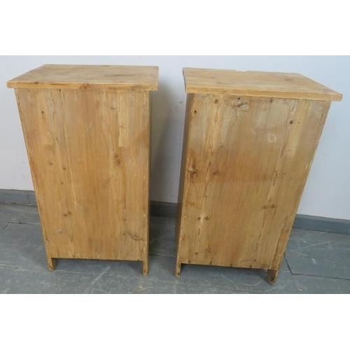 736 - A pair of antique stripped pine bedside cabinets, each with single drawer and cupboard under with lo... 