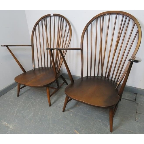 743 - A pair of vintage elm ‘Grandfather’ Windsor armchairs by Ercol (model 317) with loose seat cushions ... 