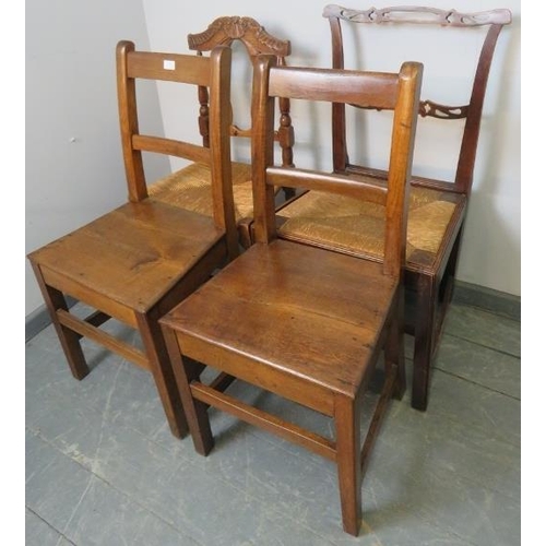 744 - Four various antique country made chairs to include a pair of French oak hall chairs, and two occasi... 