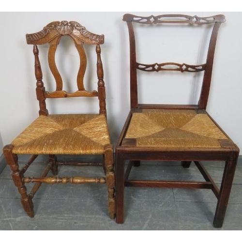 744 - Four various antique country made chairs to include a pair of French oak hall chairs, and two occasi... 