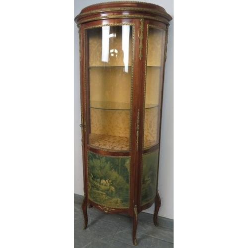 753 - A vintage French Louis XV style ormolu mounted demi lune vitrine in the manner of Vernis Martin, the... 