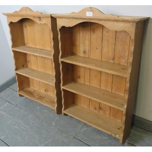 776 - A pair of antique style stripped pine wall hanging shelves, each of three open shelves. 
Condition r... 