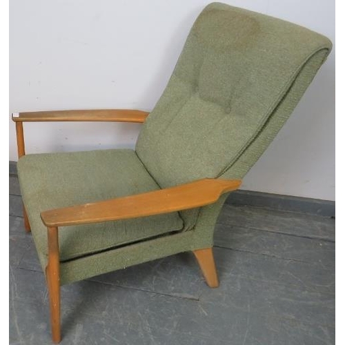 787 - A vintage open sided beech armchair by Parker Knoll, upholstered in green material, on tapering supp... 