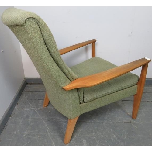 787 - A vintage open sided beech armchair by Parker Knoll, upholstered in green material, on tapering supp... 