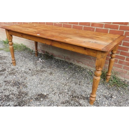 796 - An antique pine rectangular pantry table, on turned supports. 
Condition report: Various marks and m... 