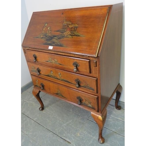 802 - A vintage walnut chinoiserie bureau, hand-painted and relief carved with oriental scenes, the fall-f... 