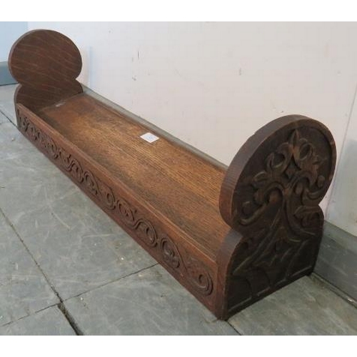 835 - An antique oak ecclesiastical bookshelf with relief carving to sides and front. 
Condition report: N... 