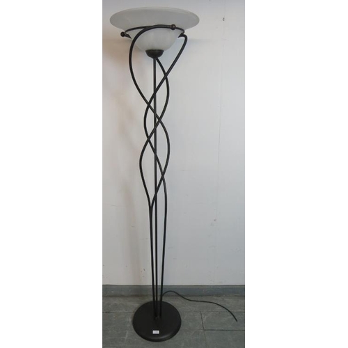 838 - A contemporary Italian floor-standing wrought metal lamp with white glass shade in the manner of Gal... 