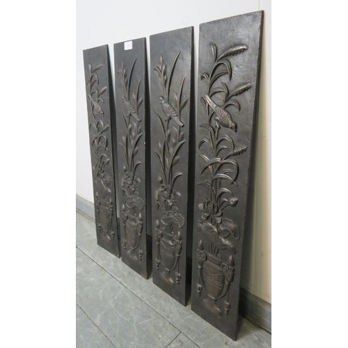 840 - Four Art Nouveau cast iron fireplace slips featuring depictions of songbirds and foliage in a classi... 