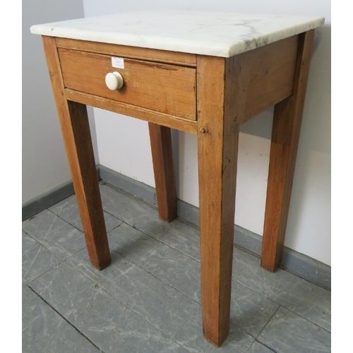 841 - An antique stripped pine pastry table with white marble top and single drawer with ceramic knob hand... 