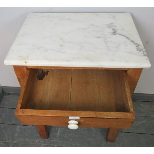 841 - An antique stripped pine pastry table with white marble top and single drawer with ceramic knob hand... 