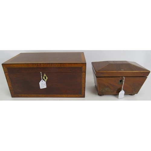 125 - A finely inlaid 19th century caddy box, a smaller sarcophagus shaped tea caddy and a light oak stati... 