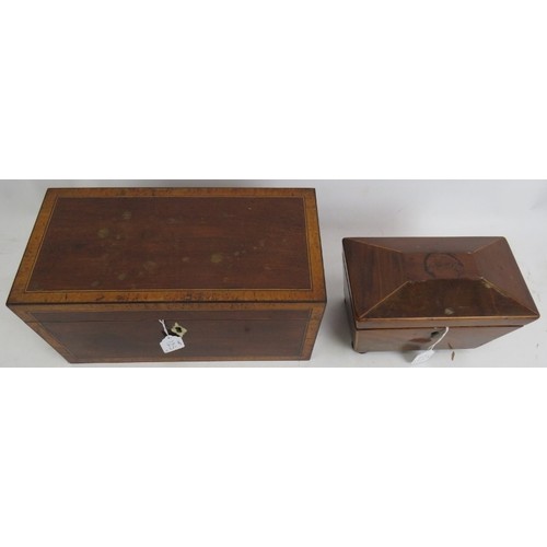 125 - A finely inlaid 19th century caddy box, a smaller sarcophagus shaped tea caddy and a light oak stati... 