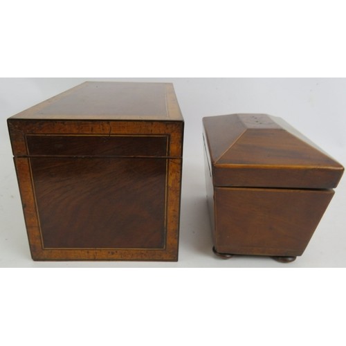 125 - A finely inlaid 19th century caddy box, a smaller sarcophagus shaped tea caddy and a light oak stati... 