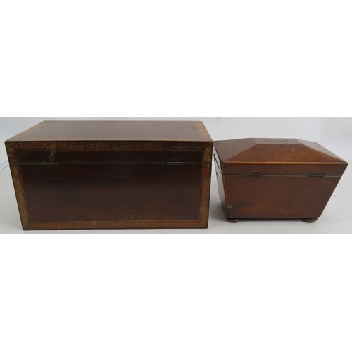 125 - A finely inlaid 19th century caddy box, a smaller sarcophagus shaped tea caddy and a light oak stati... 