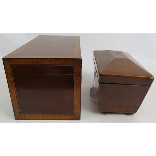 125 - A finely inlaid 19th century caddy box, a smaller sarcophagus shaped tea caddy and a light oak stati... 