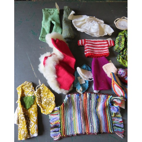 196 - A large box full of 1970s handmade Cindy Doll outfits with some patterns and two Cindy dolls, one ma... 