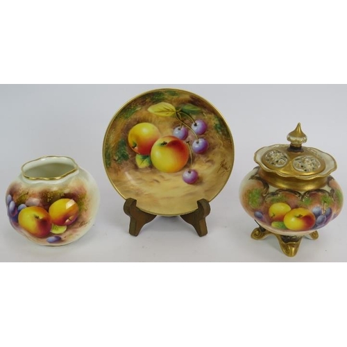 6 - Three pieces of signed Royal Worcester 'Fallen Fruits' bone china, each signed. A small vase signed ... 
