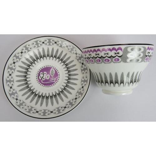 111 - Two Edward Bawden for Wedgwood Orient Line cups and saucers, black and purple decoration. Saucer 14.... 