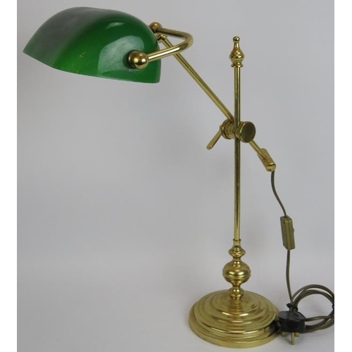 115 - A vintage style brass cantilever banker's lamp with green glass shade. Overall height 60cm (variable... 