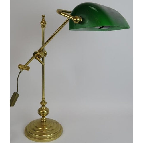 115 - A vintage style brass cantilever banker's lamp with green glass shade. Overall height 60cm (variable... 