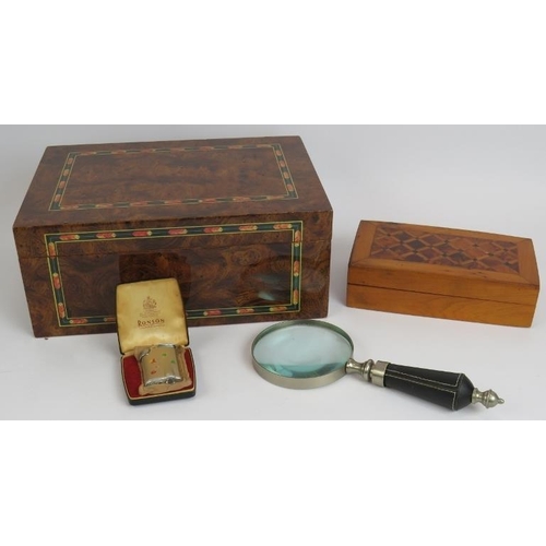 116 - A cigar humidor, an inlaid cigarette box, a leather bound magnifying glass and a vintage Ronson ligh... 