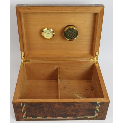 116 - A cigar humidor, an inlaid cigarette box, a leather bound magnifying glass and a vintage Ronson ligh... 