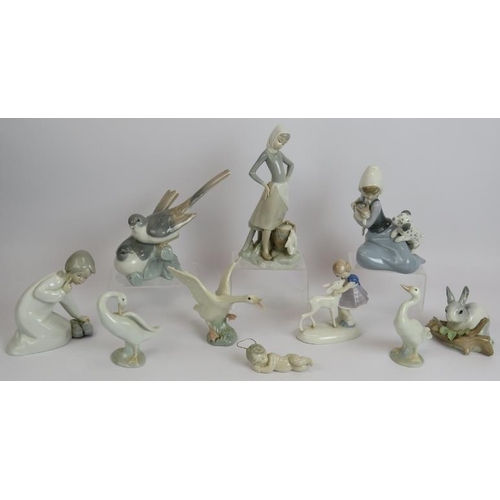 120 - 10 Lladro Spanish porcelain figurines including geese, rabbit, children and birds. Tallest 23cm. (10... 